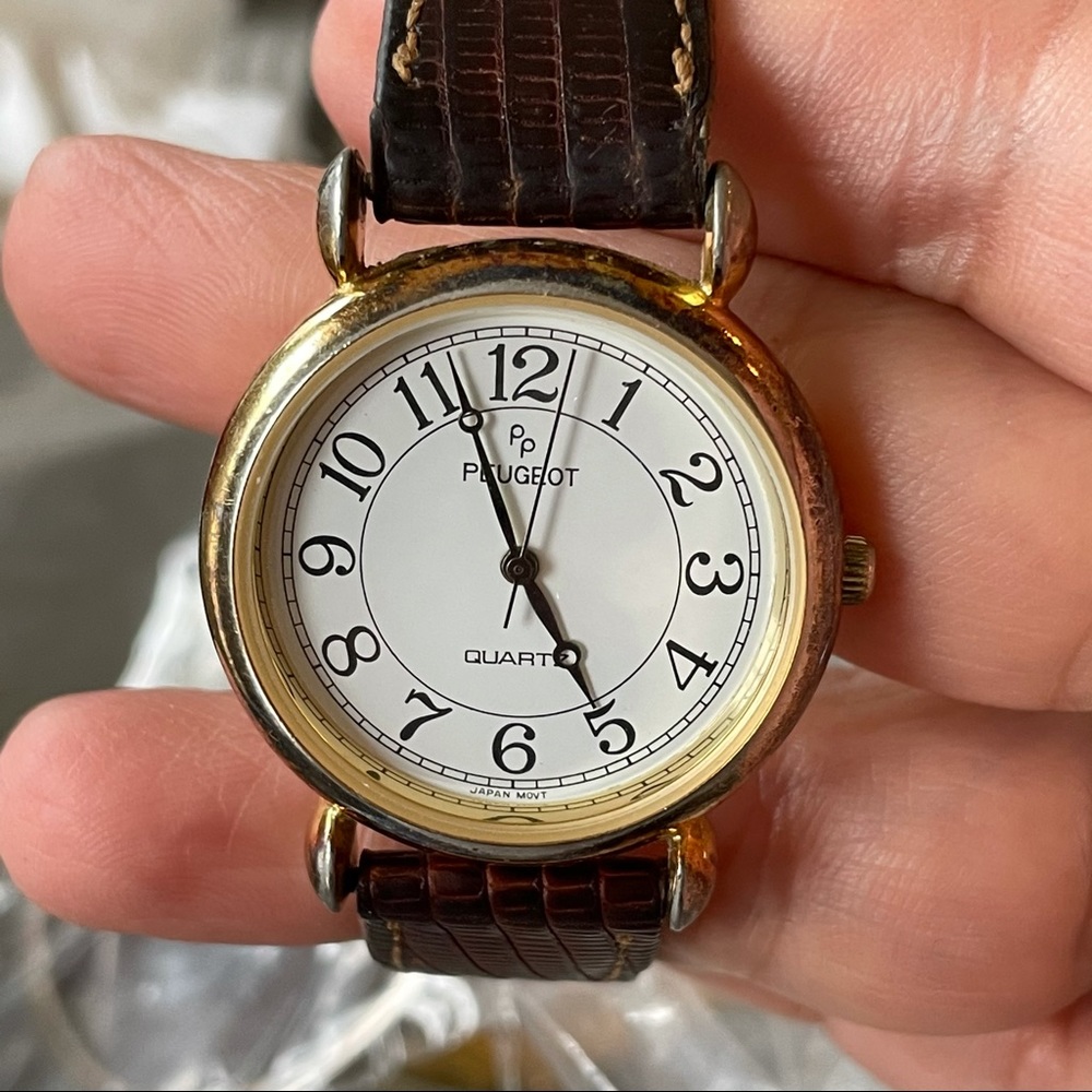 Authentic Vintage Peugeot Men's Watch with Genuine Brown Leather Band